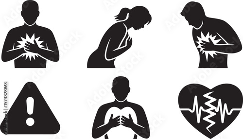 Heart pain attack icon with warning chest pain heartbeat pulse and male female symbols