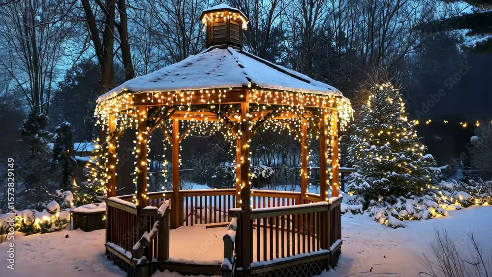 Snow Covered gazebo with festive lights illuminates winter landscape at twilight, Snow covered gazebo adorned with festive lights in winter wonderland