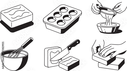 Soap making tool icon with bar mold whisk knife cutting and sifting bowl illustrations