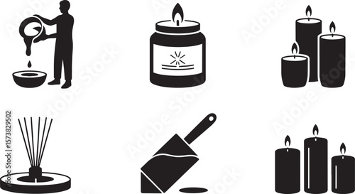 Candle making icon with pouring wax jars incense sticks and burning candle set element