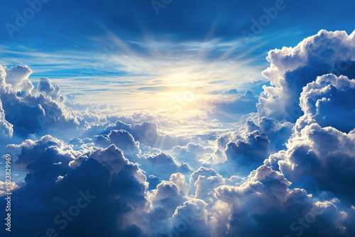 radiant light through high altitude clouds, open sky background, atmospheric nature view