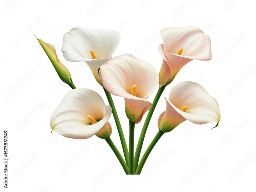 Fototapeta premium A delicate bunch of pale pink and white calla lilies on a black background
