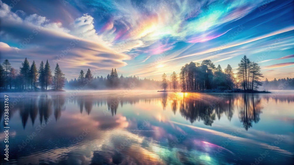 Fototapeta premium Serene Sunrise Over Misty Lake with Silhouetted Trees and Vibrant Sky Reflections