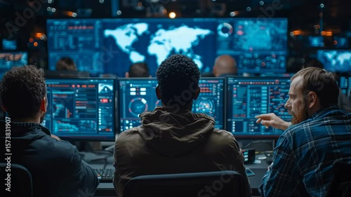 A diverse group of supply chain managers intensely analyzing a global logistics dashboard on large screens, focused faces, blue ambient light, high-tech, ultra-realistic,