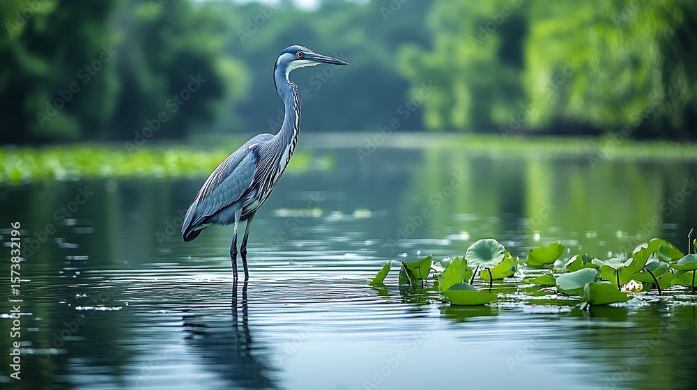 Naklejka premium Grey heron standing in tranquil river waters.