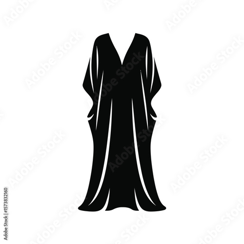 Elegant black silhouette of a long flowing kaftan dress with wide sleeves and pockets
