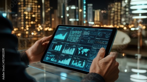 A seasoned investor in a luxury office scrolling through global financial data on a high-tech tablet.