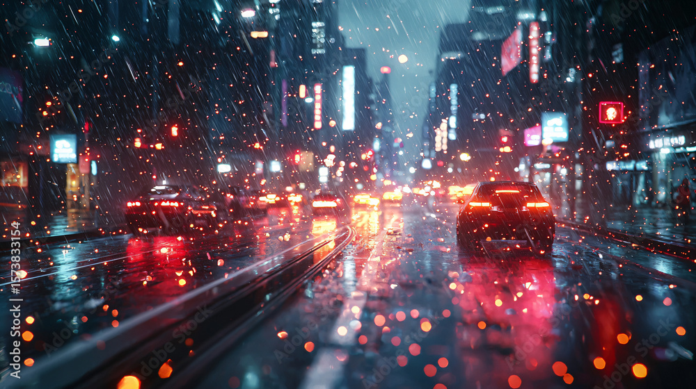 Fototapeta premium Rainy Night City Scene with Cars Illuminated by Neon Lights