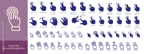 Gesture Tap Line and Silhouette Icon Set. Swipe Hand Finger Touch and Drag Linear, Glyph Pictogram. Pinch Screen, Rotate Up Down on Screen Outline Icon. Gesture Slide. Isolated Vector Illustration