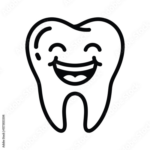 Happy cartoon tooth with a big smile and closed eyes in black and white