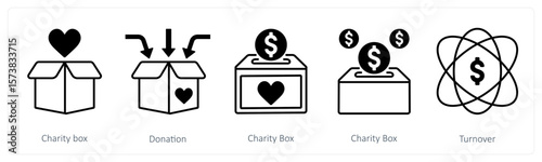 A set of 5 mix icons as charity box, donation, turnover