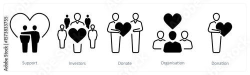 A set of 5 mix icons as support, investors, donate