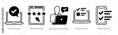 A set of 5 mix icons as online survey, website ratimg, review administrator