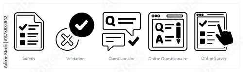 A set of 5 mix icons as survey, validation, questionnaire