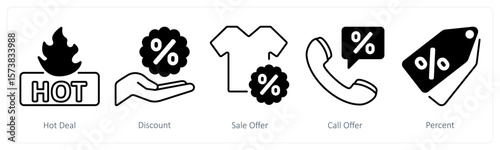 A set of 5 mix icons as hot deal, discount, sale offer