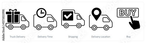 A set of 5 mix icons as truck delivery, delivery time, shipping