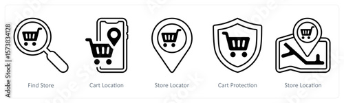 A set of 5 mix icons as find store, cart location, store locator