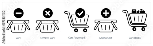 A set of 5 mix icons as cart, remove cart, cart approved