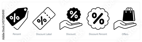 A set of 5 mix icons as percent, discount label, discount