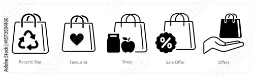 A set of 5 mix icons as recycle bag, favorite, shop