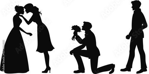 Romantic Silhouette of Couple Proposing and Other Figures