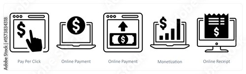 A set of 5 mix icons as pay per click, online payment, monetization
