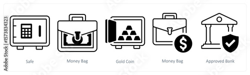 A set of 5 mix icons as safe, money bag, gold coin