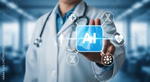 Doctor interacting with artificial intelligence medical icons