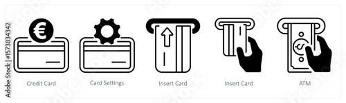 A set of 5 mix icons as credit card, car settings, insert card