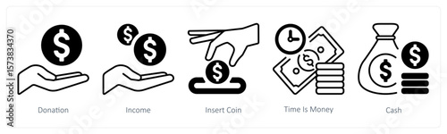 A set of 5 mix icons as donation, income, insert coin