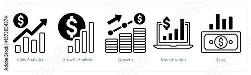 A set of 5 mix icons as sales analytics, growth analysis, growth