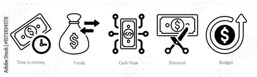 A set of 5 mix icons as time is money, funds, cash flow