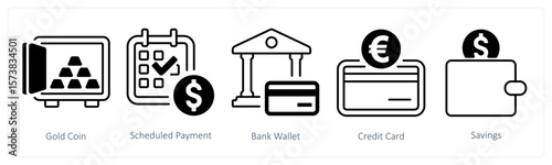 A set of 5 mix icons as gold coin, scheduled payment, bank wallet