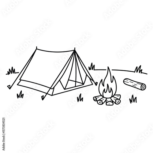 Simple black and white line drawing of a tent campfire and log on grass