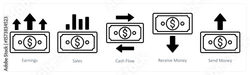 A set of 5 mix icons as earnings, sales, cash flow