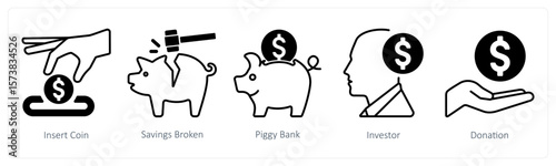A set of 5 mix icons as insert coin, savings broken, piggy bank