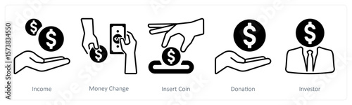 A set of 5 mix icons as income, money change, insert coin