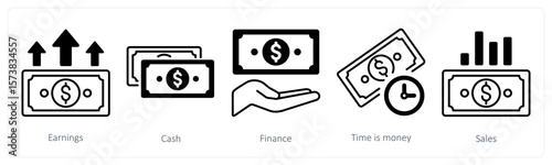 A set of 5 mix icons as earnings, cash, finance