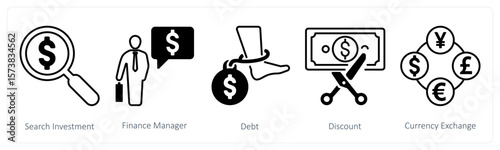 A set of 5 mix icons as search investment, finance manager, debt