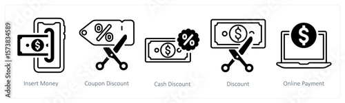 A set of 5 mix icons as insert money, coupon code, cash discount