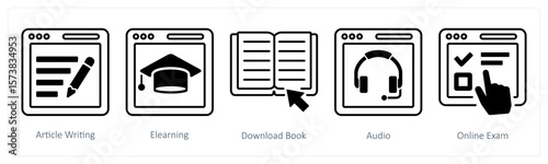 A set of 5 mix icons as article writing, e learning, download book