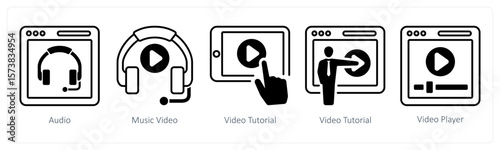 A set of 5 mix icons as audio, music video, video tutorial
