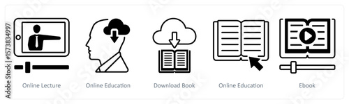 A set of 5 mix icons as online lecture, online education, download book