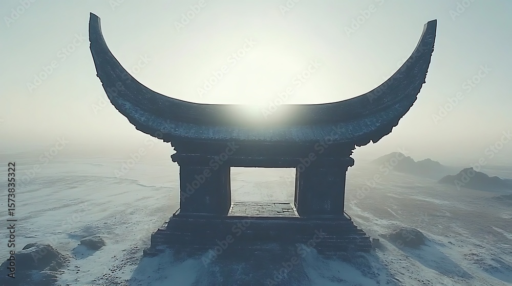 Fototapeta premium Ancient structure on a snow-covered landscape.