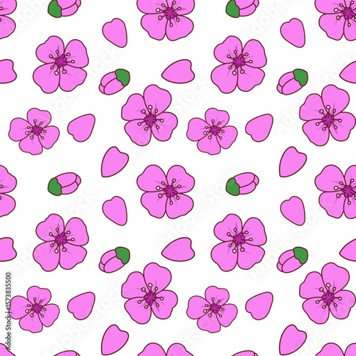 Cute Cherry Blossom Flower Seamless Pattern on White Background