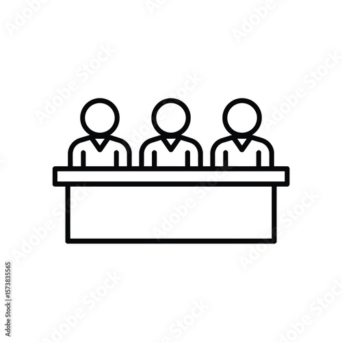 Three stylized figures sitting behind a long table in a simple line art illustration