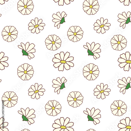 Cute Daisy Flower Seamless Pattern on White Background