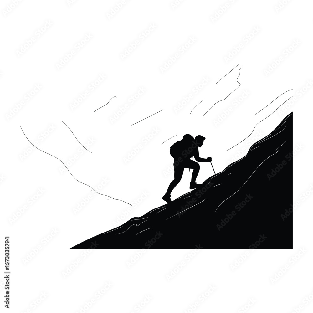 Fototapeta premium Lone hiker with backpack and pole climbs steep mountain slope silhouette