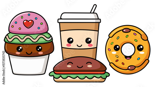 Kawaii Food Icons Set – Cute Cartoon Vector PNG with Transparent Background for Stickers & Digital Use