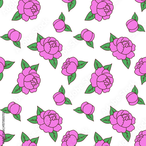 Cute Peony Flower Seamless Pattern on White Background